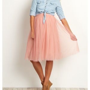 Pink Tulle Mesh Midi Maternity Skirt